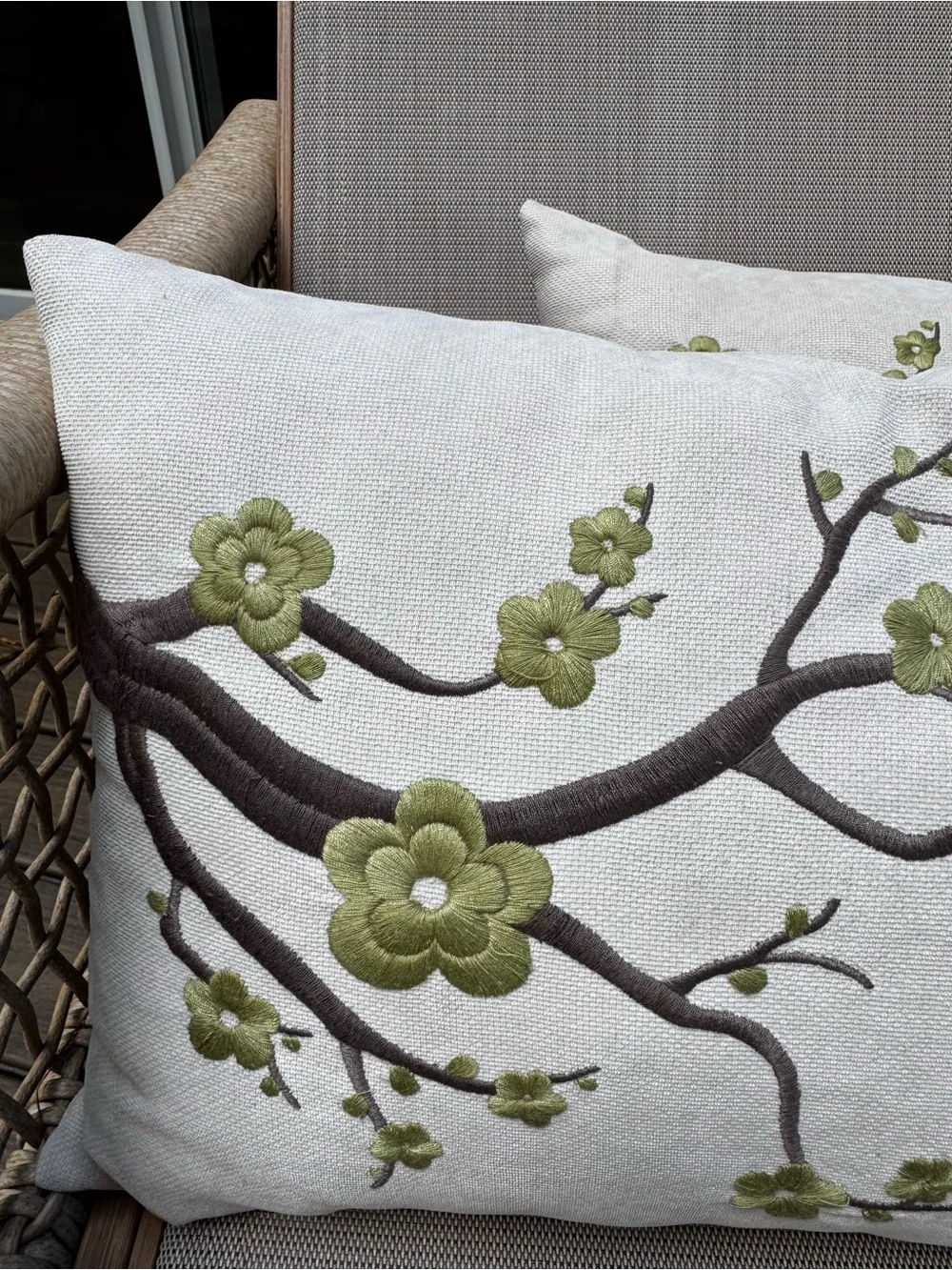 Outdoor Embroidered Floral Branch Lumbar Pillows - Set of 2, Beige with Green
